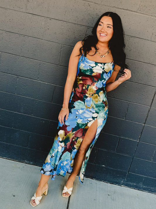 Floral Satin Slip Maxi Dress - Blue Multi