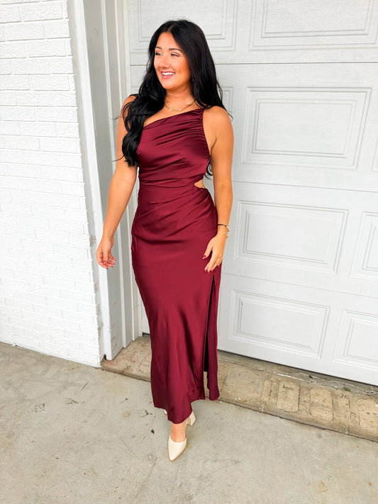 Satin One Shoulder Ruched Maxi Dress - Burgundy