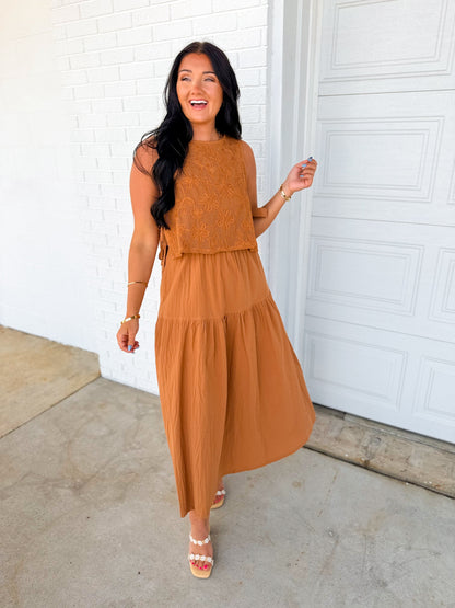 Embroidered Lace Vest & Midi Dress Set - Brown