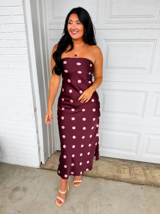 Polka Dot Satin Strapless Maxi Dress - Plum/Blush