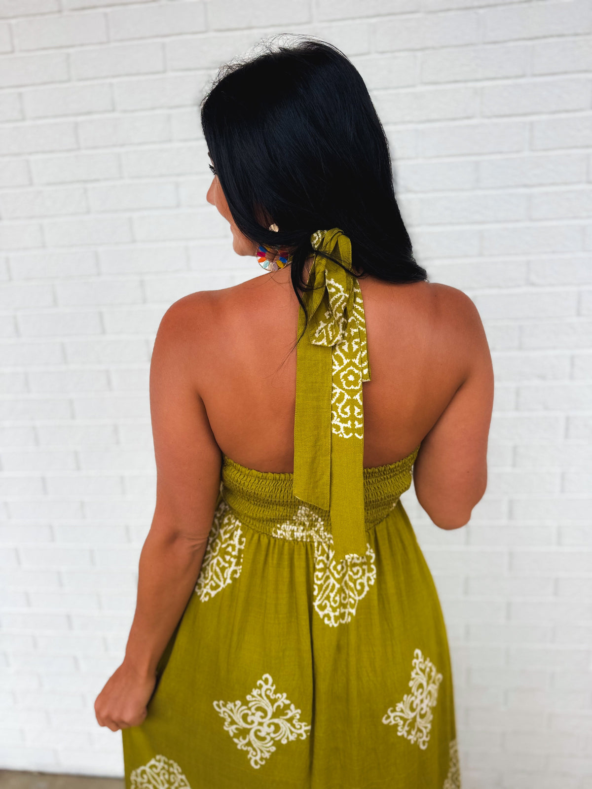 Smocked Border Print Maxi Dress - Olive Palm
