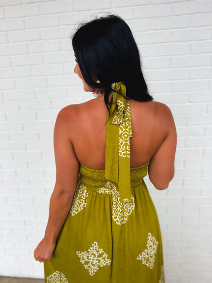 Smocked Border Print Maxi Dress - Olive Palm
