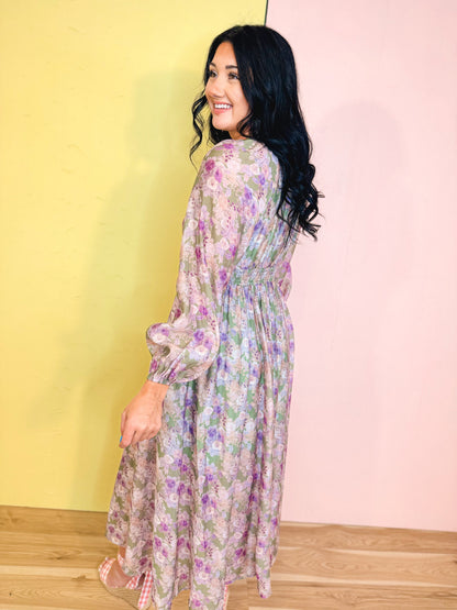 Tencel Floral Smocked Button Down Maxi Dress - Eucalyptus