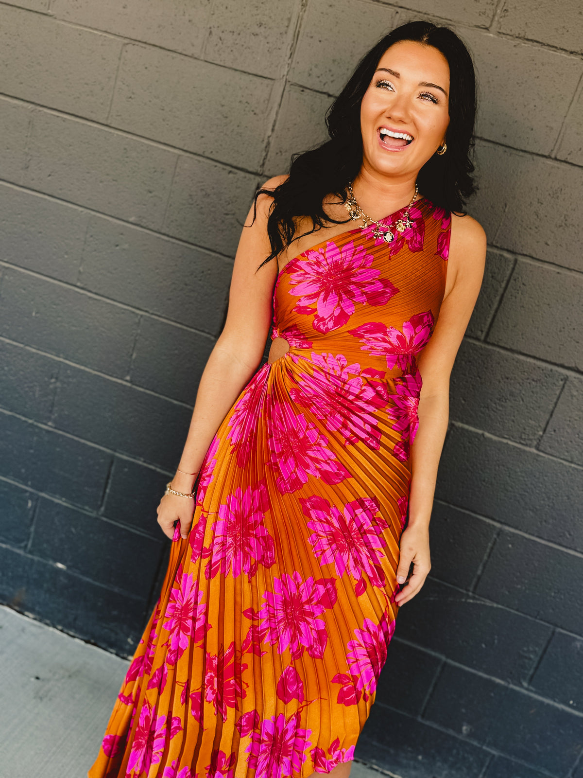 One Shoulder Asymmetrical Pleated Maxi Dress - Hibiscus Mango