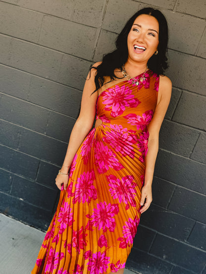 One Shoulder Asymmetrical Pleated Maxi Dress - Hibiscus Mango