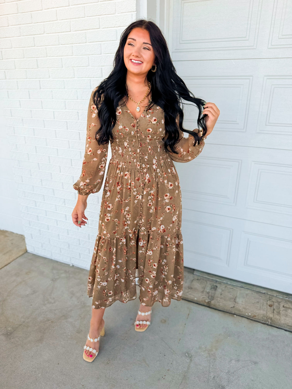 Romantic Floral Smocked Button Down Maxi Dress - Dusted Olive