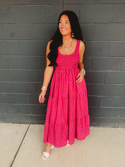 Gingham Smocked Bodice Tiered Maxi Dress - Fuchsia Multi