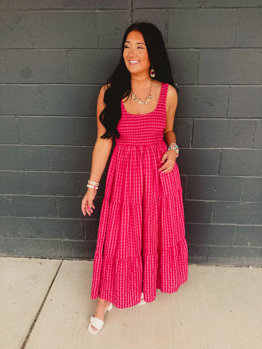 Gingham Smocked Bodice Tiered Maxi Dress - Fuchsia Multi
