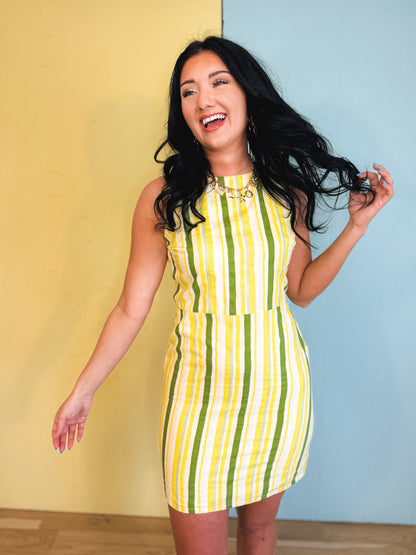 Back Tie Striped Mini Dress - Cream/Lemon
