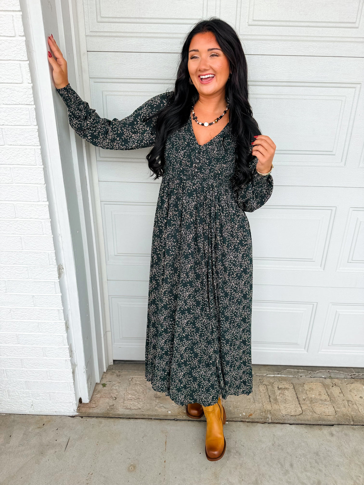 Smocked Button Detail Floral Print Maxi Dress - Dark Green