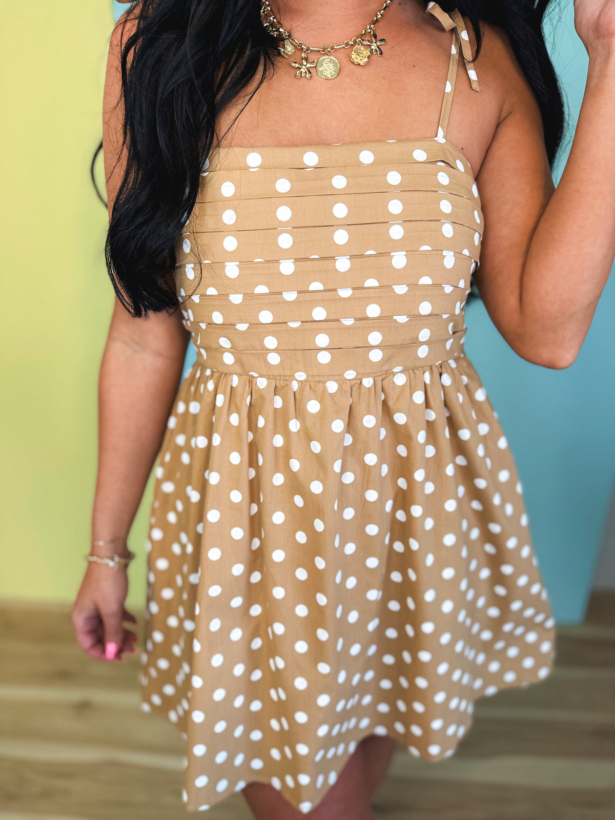 Polka Dot Pleated Mini Dress - Mocha