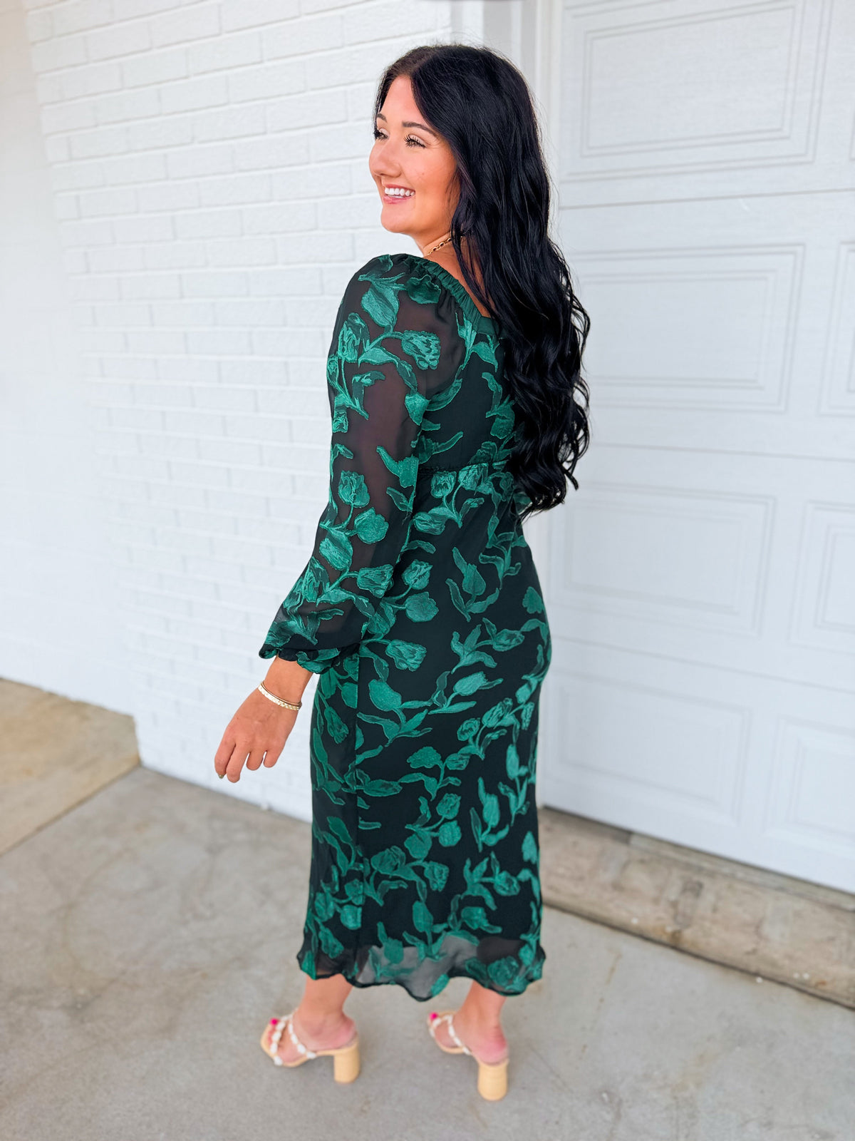 Floral Jacquard Square Neck Maxi Dress - Emerald