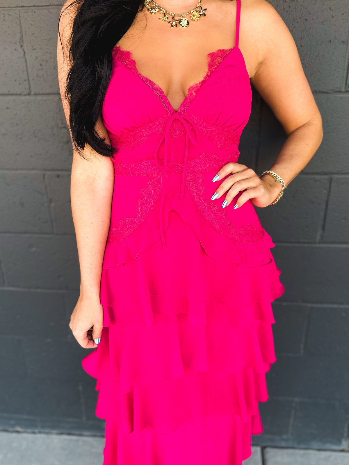 Lace Trim Tiered Midi Dress - Hot Pink