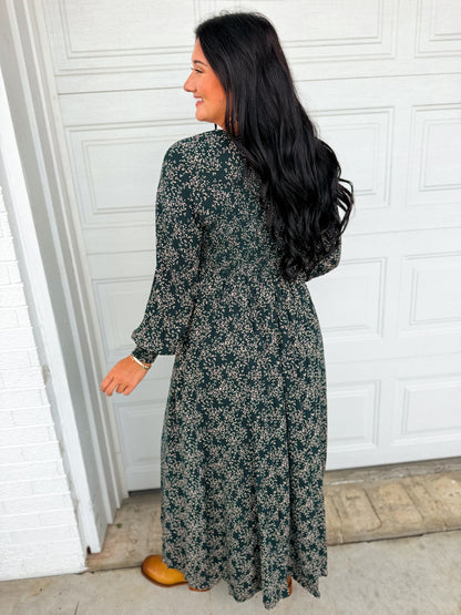 Smocked Button Detail Floral Print Maxi Dress - Dark Green