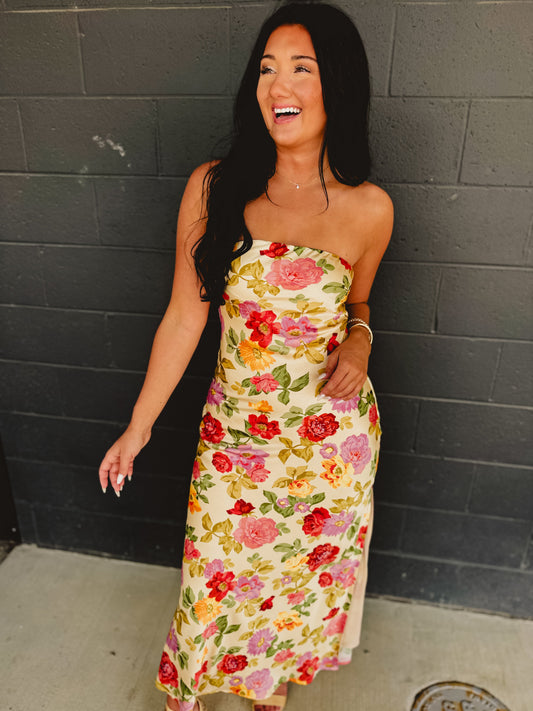 Strapless Bias Cut Satin Maxi Dress - Garden Multi