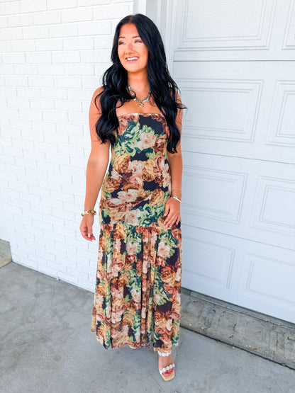Floral Mesh Strapless Asymmetrical Maxi Dress - Black