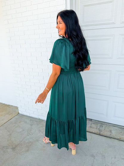 Smocked Washed Satin Tiered Maxi Dress - Emerald