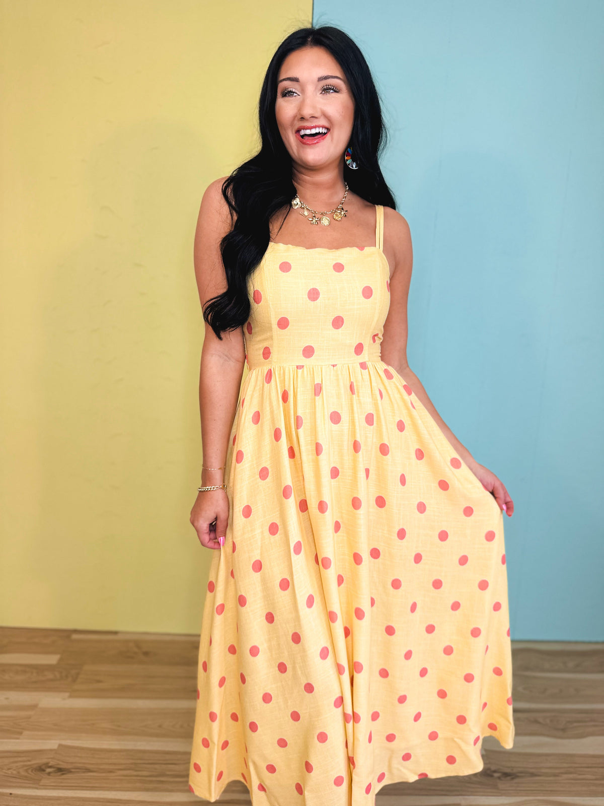 Polka Dot Woven Midi Dress - Light Yellow