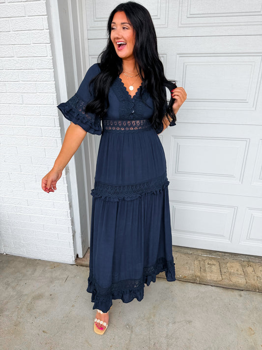 Lace Trim Ruffle Sleeve Maxi Dress - Navy