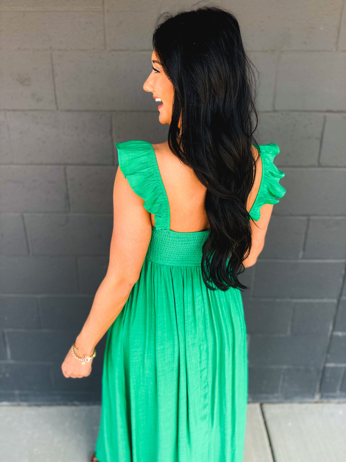 Ruffle Sleeve Front Slit Maxi Dress - Green