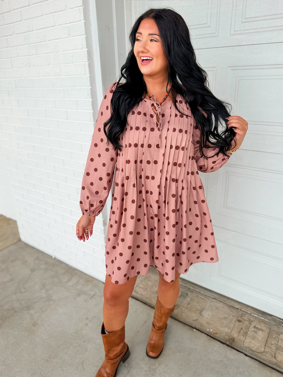 Polka Dot Pleated Long Sleeve Mini Shift Dress - Sienna