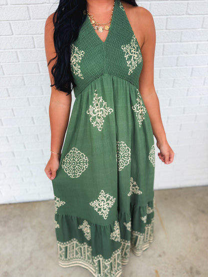 Smocked Border Print Maxi Dress - Rich Teal