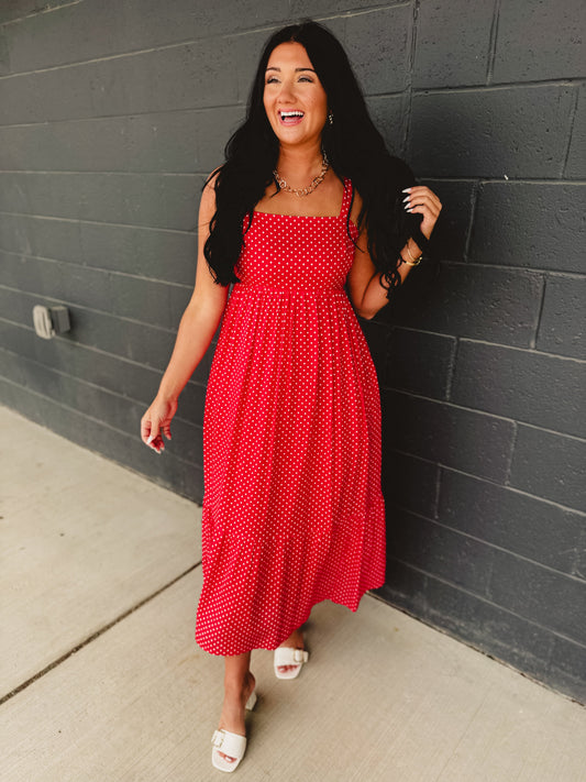 Polka Dot Square Neck Maxi Dress - Chili