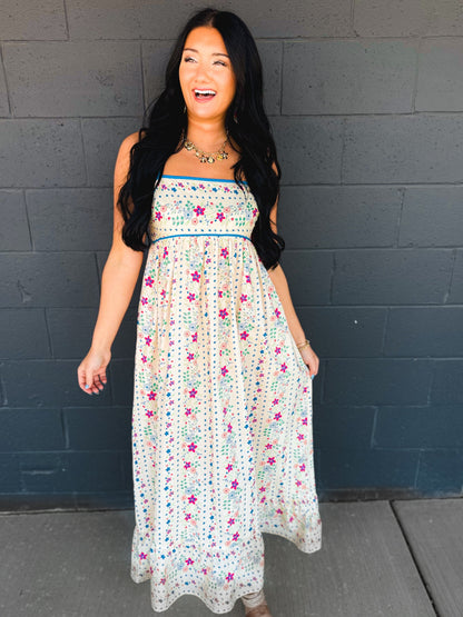 Cotton Floral Sleeveless Maxi Dress - Creme Floral