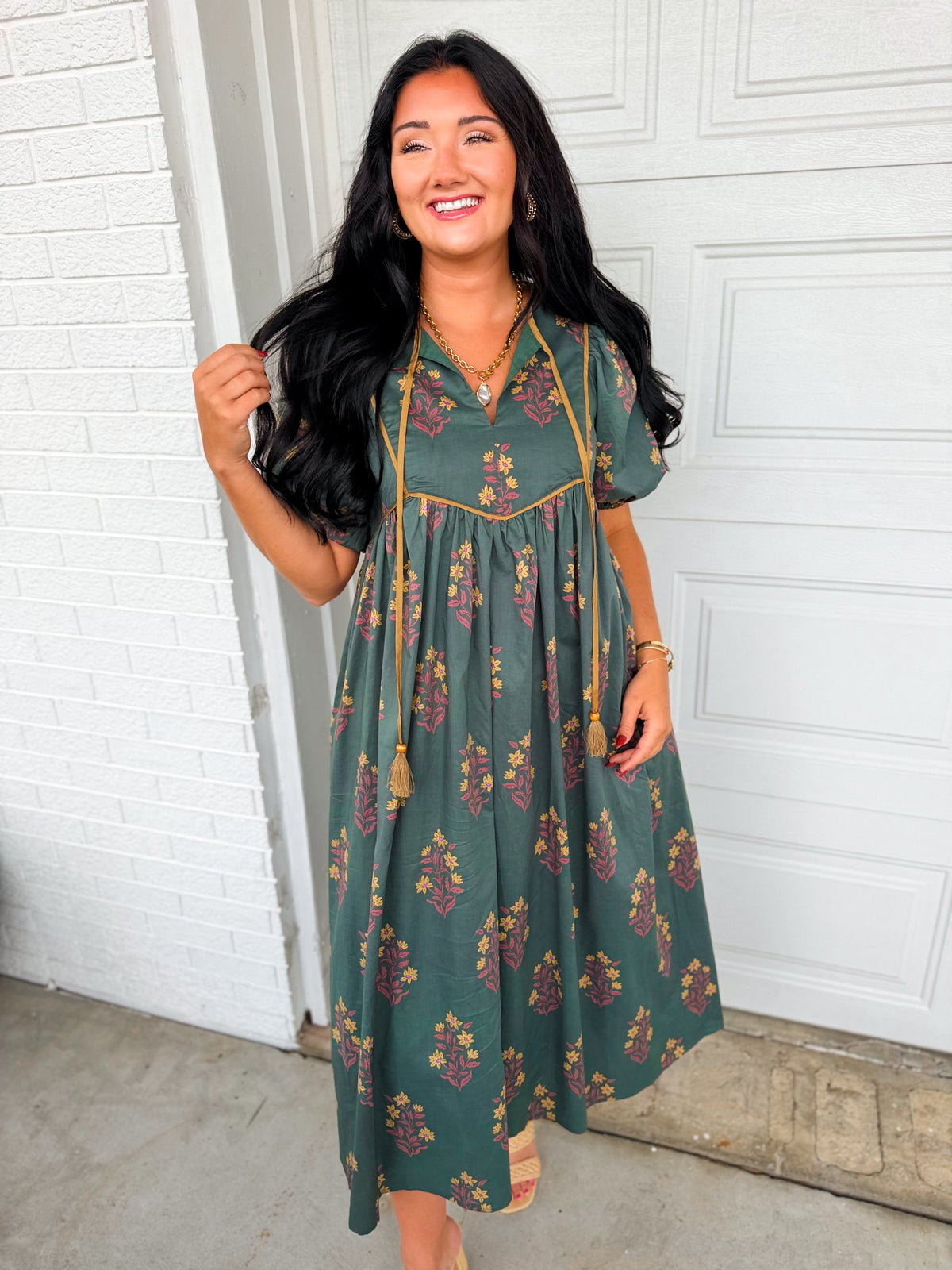 Floral Contrast Trim Puff Sleeve Maxi Dress - Dark Forest Green