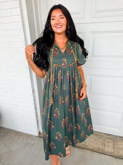 Floral Contrast Trim Puff Sleeve Maxi Dress - Dark Forest Green