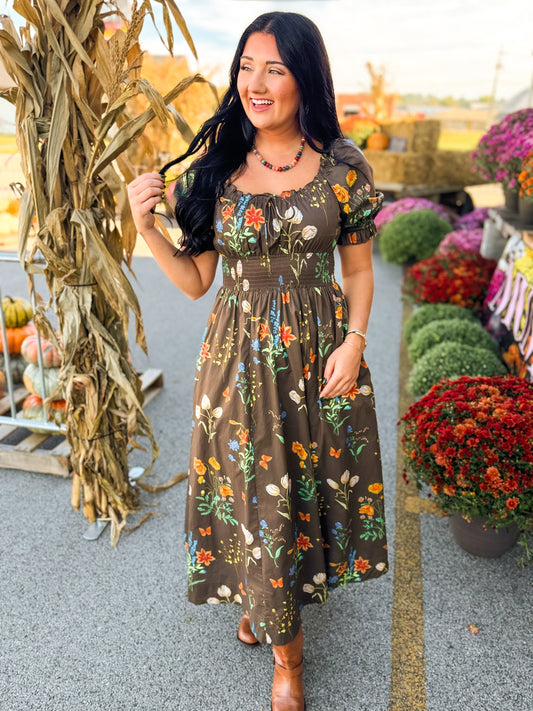 Wildflower Printed Smocked Maxi Dress - Mocha