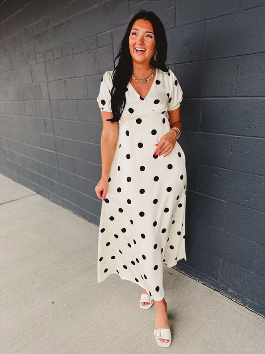 Polka Dot Puff Sleeve Maxi Dress - Cream/Black