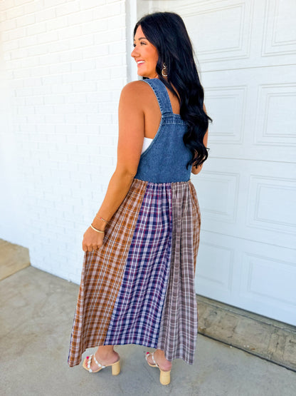 Mixed Plaid Denim Overall Maxi Dress - Multicolour