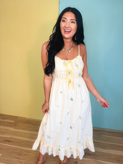 Triple Bow Floral Midi Dress - Butter