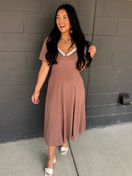 Flutter Sleeve Polka Dot Midi Dress - Latte