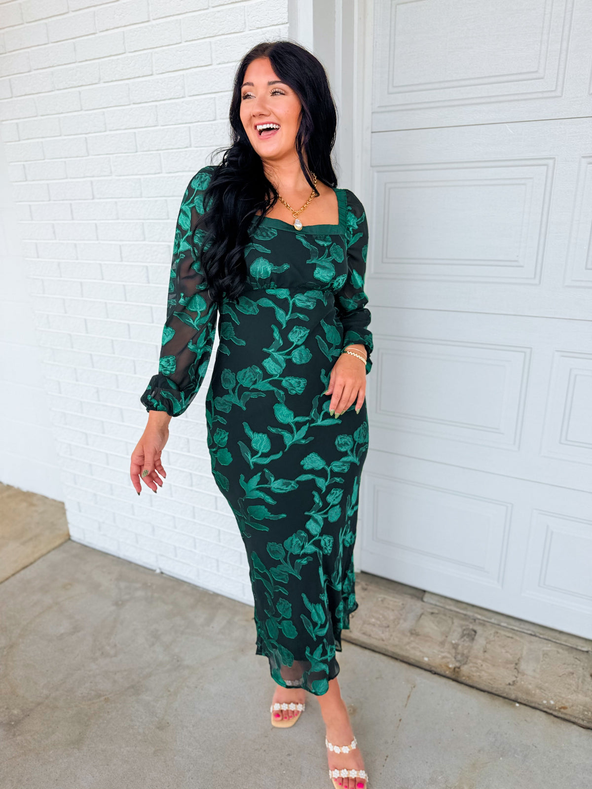 Floral Jacquard Square Neck Maxi Dress - Emerald