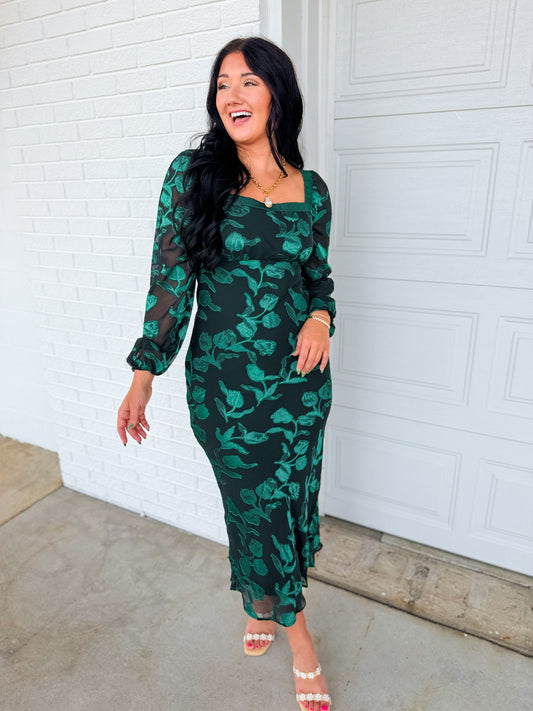 Floral Jacquard Square Neck Maxi Dress - Emerald