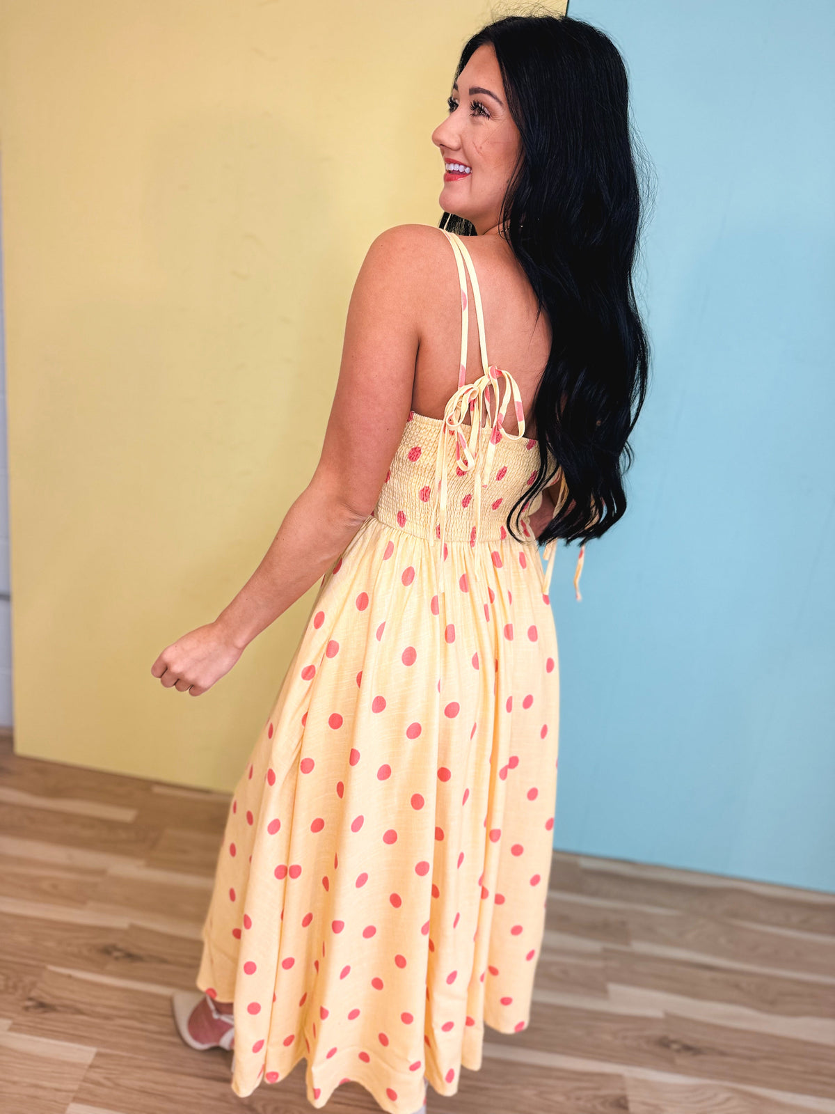Polka Dot Woven Midi Dress - Light Yellow
