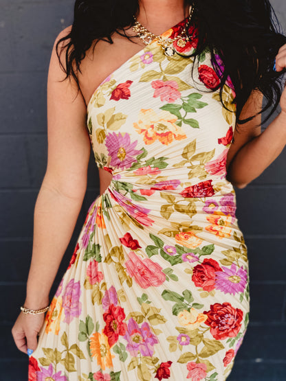 One Shoulder Asymmetrical Pleated Maxi Dress - Garden Multi