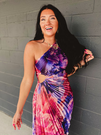 One Shoulder Asymmetrical Pleated Maxi Dress - Lilac Rose