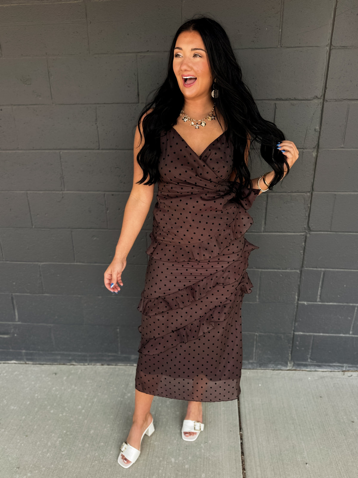 Cascading Ruffle Polka Dot Midi Dress - Chocolate