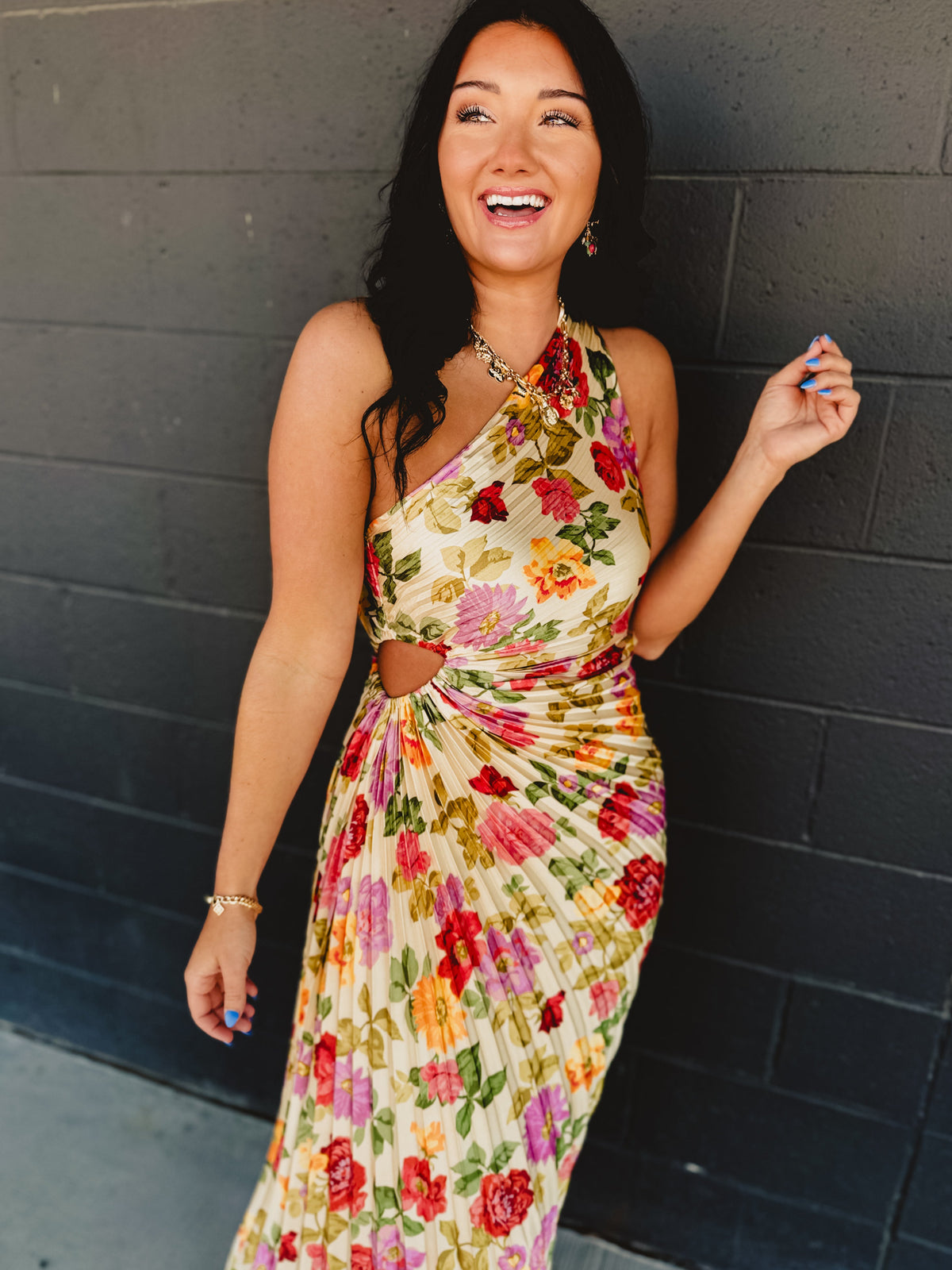 One Shoulder Asymmetrical Pleated Maxi Dress - Garden Multi