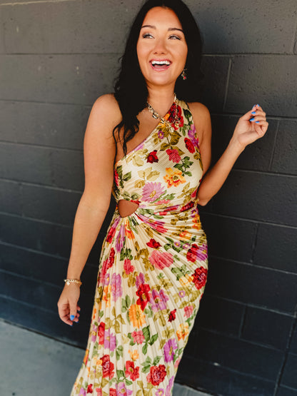 One Shoulder Asymmetrical Pleated Maxi Dress - Garden Multi
