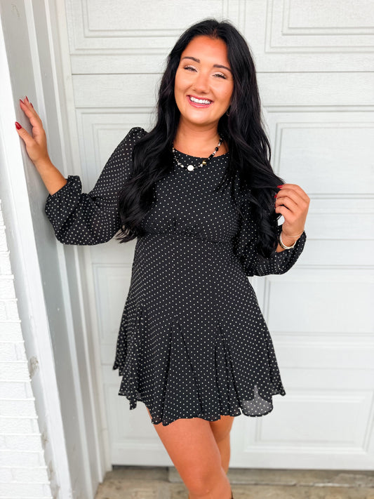 Polka Dot Flared Long Sleeve Mini Dress - Black