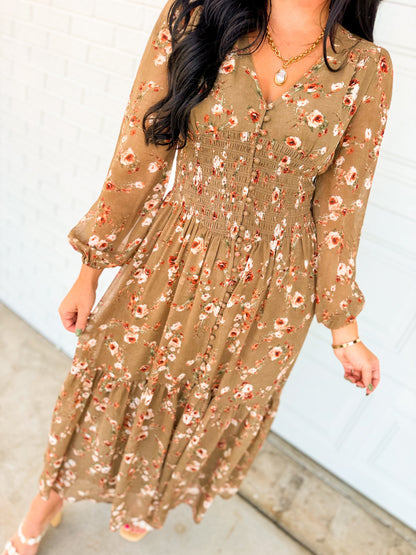 Romantic Floral Smocked Button Down Maxi Dress - Dusted Olive