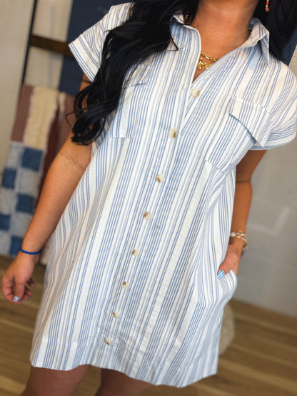 Striped Button Up Shirt Mini Dress - Denim Blue/White