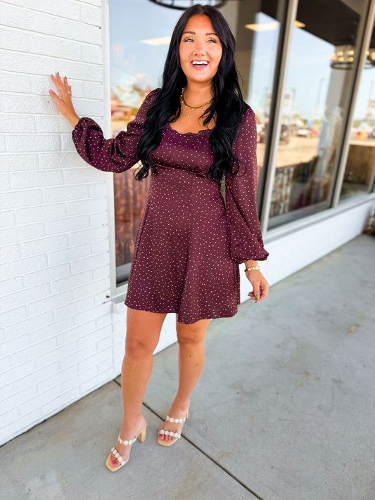 Abstract Dotted Long Sleeve Mini Dress - Mauve Wine
