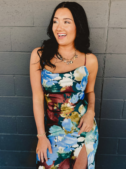 Floral Satin Slip Maxi Dress - Blue Multi