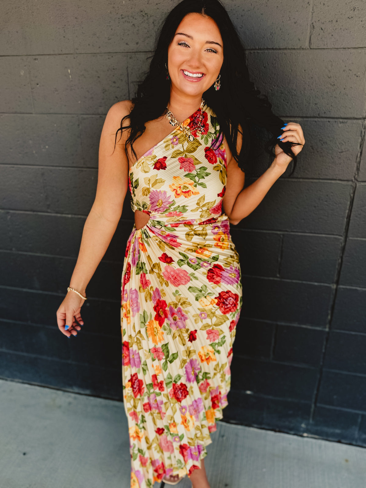 One Shoulder Asymmetrical Pleated Maxi Dress - Garden Multi