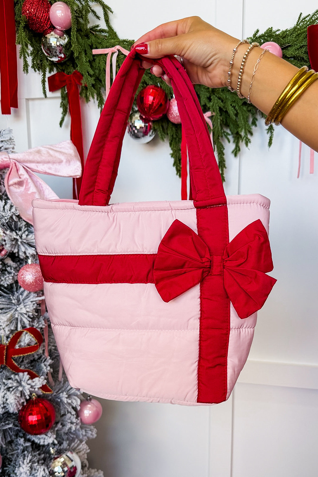 All Wrapped Up Bow Puffer Tote in Pink